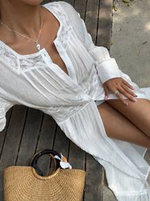 Sunnyshic Women's Casual Vacation Versatile Daily Solid Color Lace Panel Sheer Long Sleeve Long Shirt, Spring/Summer - White - View 6