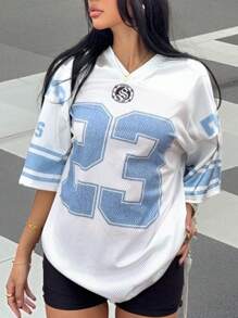 SHEIN EZwear Women Satin Printed Mesh Letter Short Sleeve Casual T-Shirt