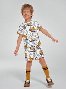 GARFIELD | SHEIN Young Boy Cartoon Cat Print White Casual Cool Sports Short Sleeve T-Shirt And Shorts Outfit - Multicolor - View 4