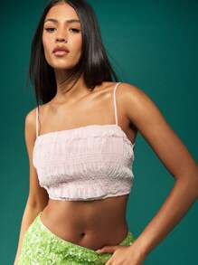 MISSGUIDED 褶饰荷叶边短款上衣吊带背心节日夏季派对沙滩背心弹力抹胸无袖休闲日夜百搭基本款必备 - 粉色 - 查看 3