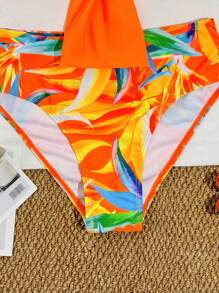 Women 2pcs Solid Orange Top & Tropical Print Bottom Bikini Set, Random Print For Summer Beach Vacation - Orange - View 6