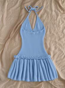 SHEIN WYWH Sexy Halter Tie-Up Ruffled Backless Knitted Dress - Blue - View 2