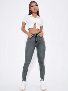 SHEIN Cottnline Quần Jeans Skinny Lưng Cao Có Túi Cho Nữ Thường Ngày Đa Năng - Màu Xám nhạt - Xem 3