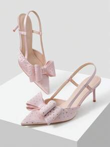 MOTF PREMIUM RHINESTONE BOW ACCENT SWEET STYLE FASHION VERSATILE POINTED TOE SLINGBACK STILETTO HEEL WOMEN SANDALS - Pink - View 5