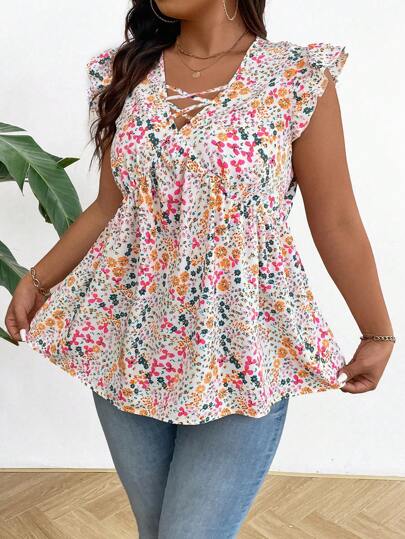 SHEIN LUNE Plus Size Women Ditsy Floral Printed V-Neck Cross Wrap Cap Sleeve Loose Casual Vacation Blouse, Summer, St. Patrick's Day, Rave, Festival, Spring Break, Boho