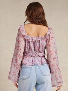 WESTFADE ملابس علوية كروب بأكمام طويلة على شكل أجراس، ياقة منقوشة بتصميم الأزهار الغربية الربيعية، من القماش الشيفون الناعم مع حافة فضفاضة، مناسب للأجواء الصيفية والإجازات