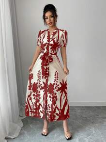 Chiquease V-Neck Casual Printed Vacation-Style Tie-Up Short Sleeve Dress - Red - View 6