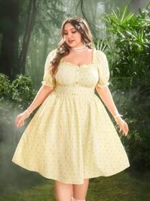 Flirla Plus Size Women Elegant Colorful Jacquard Short Dress - Yellow - View 4