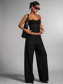 SHEIN PETITE CURVE 女士大码灰色纯色通勤休闲/办公装/老款风格/时尚外出/秋冬保暖羊毛斜纹直筒裤/冬季女裤