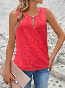 Calvaya Women's Casual Burnout Embroidered Keyhole Neck Loose Tank Top - Watermelon Pink - View 6