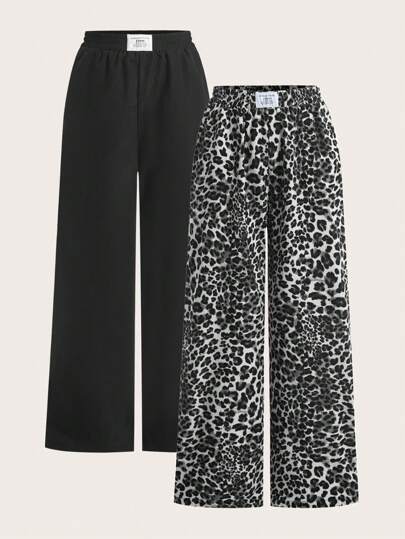 Comfortcana 2pcs Women's New Black And Leopard Print Wide Leg Long Pants Women Wide Leg Pants