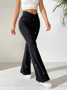 SHEIN Teen Girls Fashionable Cross-Waist Sparkling Flare Pants - Black - View 4