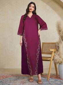 Al Najma Women's Floral Print Patchwork Pleated V-Neck Arabian Style Dress, Modest Kaftan