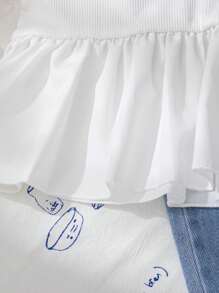 Genkimix Kids 女童罗纹布吊带背心 + 宽松长牛仔裤套装，韩版可爱拼接无袖衬衫，蝴蝶结刺绣，适合小女孩，夏季 - 白色 - 查看 4