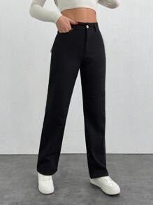 EURMUSE Women's Pockets Straight Loose Casual All-Match Jeans - Black - View 5