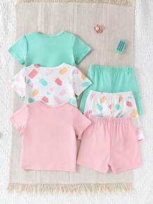 SHEIN Bộ 6 món/Bộ áo thun tay ngắn in hình kem và khẩu hiệu dễ thương & thoải mái cho bé gái, thích hợp cho các buổi đi chơi mùa xuân/hè & mặc hàng ngày - Nhiều màu - Xem 2