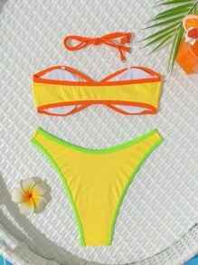 SHEIN 2pcs Women Ribbed Fabric Contrast Color Patchwork Bandeau Bikini Top And High-Cut Triangle Bottom Swimming Suit For Summer Beach Vacation - Multicolor - View 6