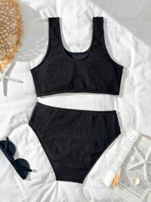 Tween Girls Fashionable Simple Black Texture Bikini Swimsuit Set - Black - View 2