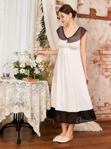 Côtesoire V 领女士网眼拼布优雅睡袍 - 白色 - 查看 5