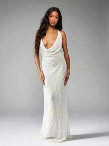 MISSGUIDED Sequin Plunge Neck Halter Evening Gown Draped Front Wedding Reception Dress Special Occasion Floor Length Fishtail Dress Formal Prom Ball Gown - White - View 3