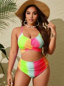 SHEIN Slayr CURVE Plus Size 2pcs Women Striped Print Padded Spaghetti Strap Split Swimsuit Set, Casual Holiday Style - Multicolor - View 5