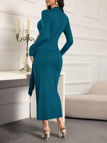 Modelyn Women Solid Color Pleated Overlap V-Neck Long Sleeve Elegant Dress - Teal Blue - View 2