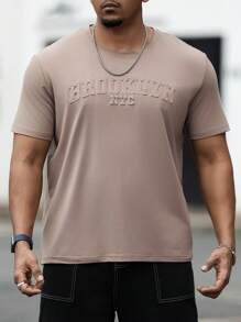 Manfinity Homme Plus Size Men's Casual Solid Color Letter Embossed T-Shirt, Summer - Brown - View 3