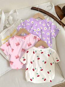 SHEIN Baby Girl 3pcs Casual Cute Cherry, Daisy, Cartoon Cat Print Round Neck Short Sleeve T-Shirts, Suitable For Spring/Summer - Multicolor - View 2