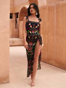 Swim Oasis New Retro Printed Modest One-Piece Swimsuit & Mesh Cover Up 2pcs/Set For Summer Beach Vacation - Multicolor - View 5