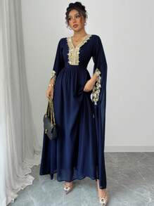 Rafferiza 女士优雅 V 领蕾丝腰收紧 A 字形斗篷袖雪纺长袍，阿拉伯女士时尚，优雅，斋月，休闲，长袍，纯色 - 藍色 - 查看 5