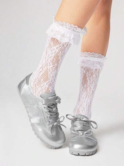 Grunge Punk Zapatillas de deporte con lazo plateadas para mujer, zapatos de ballet con cordones dulces, zapatillas deportivas con cordones, zapatos casuales para estudiantes y atletas