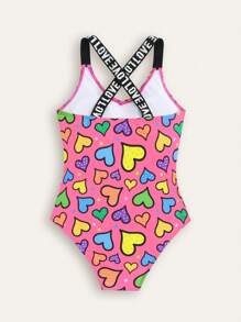New Fashionable Colorful Heart Printed One Piece Swimsuit For Tween Girl - Baby Pink - View 2