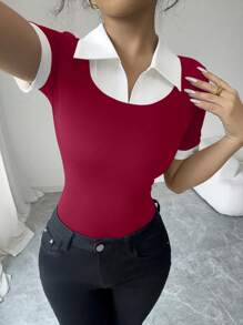 Elenzga 女士翻领撞色修身休闲短袖 T 恤