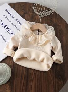 SHEIN Vintaside Kids Baby Girls Autumn/Winter Elegant Embroidered Lace Trim Knitted Basic Blouse
