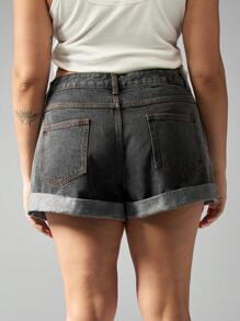 MISSGUIDED PLUS Plus Size Roll Up Denim Shorts High Rise Vintage Wash Casual Summer Cotton Jean Shorts With Classic 5-Pocket Design Perfect For Beach Vacation Festival - Black - View 2
