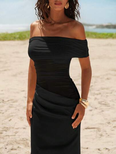 Opulessa 夏季度假服装女士海滩波西米亚风波西米亚节婚礼派对优雅性感正式伴娘生日纯色针织网眼露肩美人鱼连衣裙