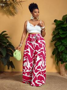 Slaydiva 大码假日休闲印花阔腿裤 - 玫紅色 - 查看 3