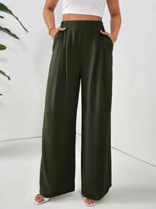 SHEIN Essnce Pantalones rectos de bolsillo en diagonal de unicolor casuales para mujer - Verde militar - Ver 4