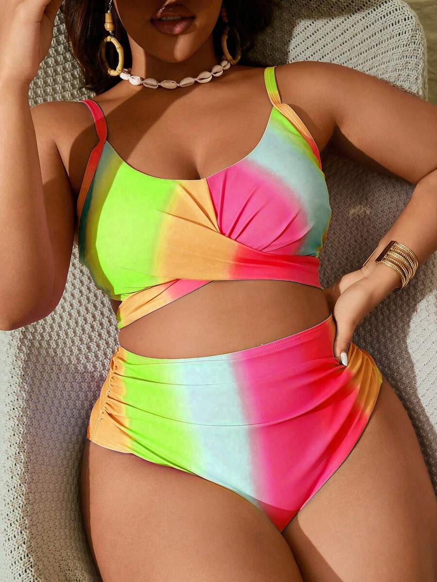 SHEIN Slayr CURVE Plus Size 2pcs Women Striped Print Padded Spaghetti Strap Split Swimsuit Set, Casual Holiday Style - Multicolor - View 1