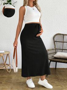 SHEIN Maternity Adjustable Waist Drawstring Tank Top And Fitted Skirt 2 Pieces Set - Black - View 7