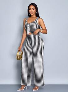 SOLERSUN Women Striped Striped Sleeveless V-Neck Front Button Vest And Pants Set - Black and White - View 3