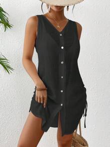 Women Solid Color V-Neck Single-Breasted Sleeveless Kimono Dress For Summer Beach Vacation - Black - View 4