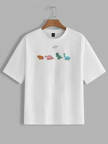 Manfinity VCAY Camiseta de manga corta casual de punto holgada con estampado de dinosaurio para hombres, adecuada para uso diario en verano