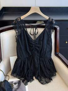 SHEIN Frenchy Plus Size Women's Elegant Asymmetrical Lace Black Tank Top, Summer - Black - View 9
