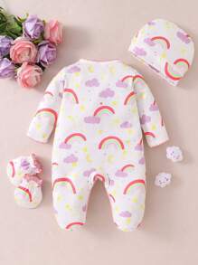 新生婴儿可爱彩虹和云朵设计连脚鞋、帽子和手套套装 - 彩色 - 查看 2