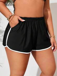 SHEIN Swim Curve Plus Size Women Plain High Waist Bottoms, Minimalist Vacation Swimwear - Black - View 4