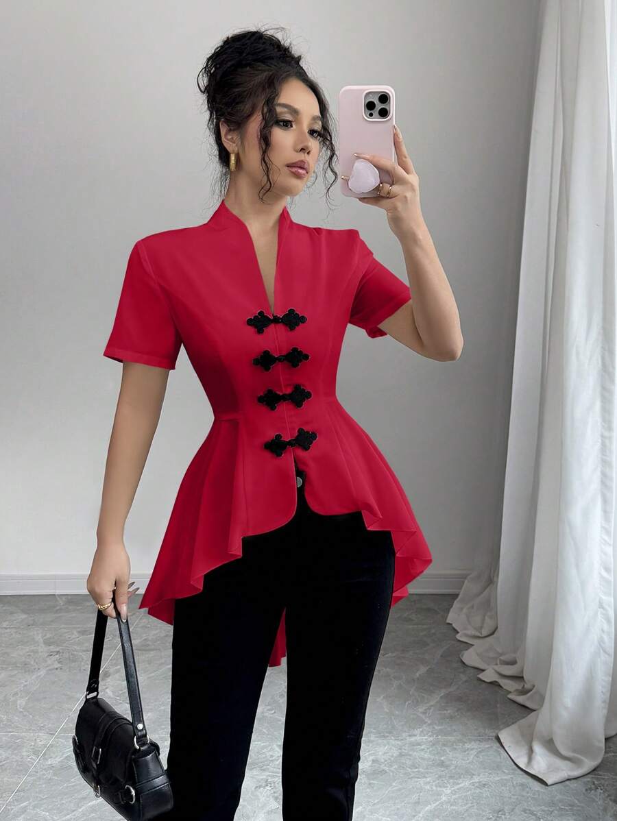 Elenzga 女士泳衣，正面采用纽扣设计且下摆不对称，休闲衬衫款式 - 紅色 - 查看 1