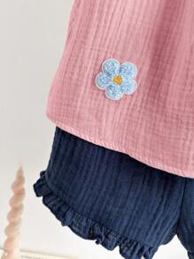 Cozy Pixies 2pcs/Set Toddler Girls Floral Embroidery Collar Bubble Sleeve Top And Elastic Waist Pants