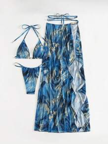 SHEIN 3 Completi da spiaggia/estivi da donna, inclusi slip del bikini con stampa marmorizzata, gonna con spacco alto e abito da spiaggia con accessori metallici
