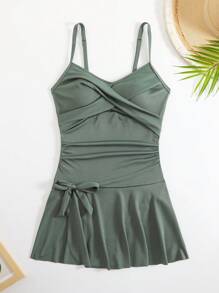 SHEIN Beach Summer Outfit For Women: Solid Color Tie-Up Bowknot Flared Hem Elegant One Piece Swimsuit - Green - View 3